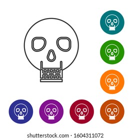 Grey line Skull icon isolated on white background. Happy Halloween party. Set icons in color circle buttons. Vector Illustration