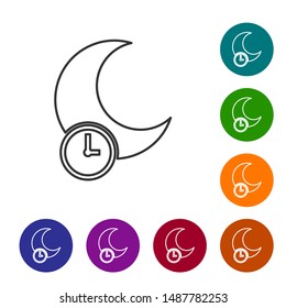 Grey line Sleeping moon icon isolated on white background. Set icons in color circle buttons. Vector Illustration
