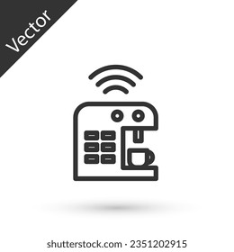 Grey line Smart coffee machine system icon isolated on white background. Internet of things concept with wireless connection.  Vector