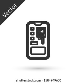 Grey line Smart control farming system mobile application icon isolated on white background.  Vector Illustration