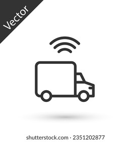 Grey line Smart delivery cargo truck vehicle with wireless connection icon isolated on white background.  Vector