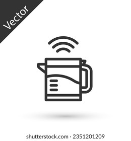 Grey line Smart electric kettle system icon isolated on white background. Teapot icon. Internet of things concept with wireless connection.  Vector