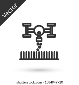Grey line Smart farm with drone control for seed planting icon isolated on white background. Innovation technology for agricultural company.  Vector Illustration