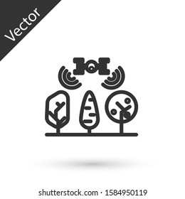 Grey line Smart farm with drone control and tree icon isolated on white background. Innovation technology for agricultural company.  Vector Illustration