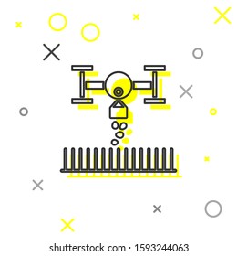 Grey line Smart farm with drone control for seed planting icon isolated on white background. Innovation technology for agricultural company.  Vector Illustration
