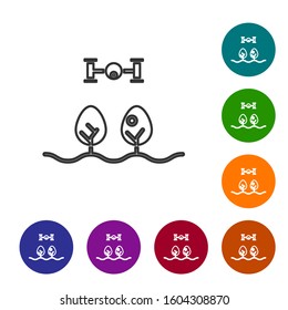 Grey line Smart farm with drone control and tree icon isolated on white background. Innovation technology for agricultural company. Set icons in color circle buttons. Vector Illustration