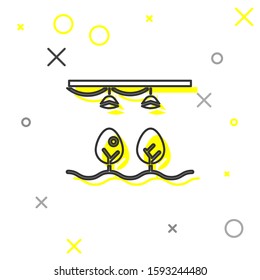 Grey line Smart farm with light bulb and plant symbol icon isolated on white background.  Vector Illustration