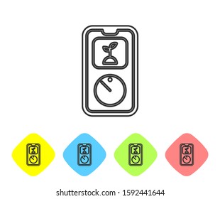 Grey line Smart farming technology - timer farm automation system in app icon isolated on white background. Set icons in color rhombus buttons. Vector Illustration