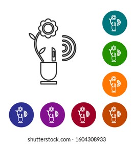 Grey line Smart farming technology - farm automation system in app icon isolated on white background. Set icons in color circle buttons. Vector Illustration