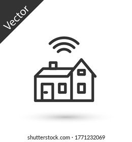 Línea gris Hogar inteligente con icono inalámbrico aislado en fondo blanco. Control remoto. Internet de cosas con conexión inalámbrica. Vector