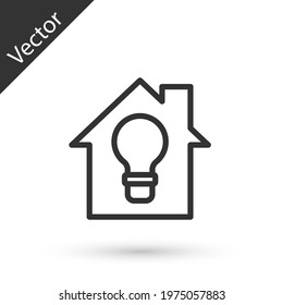 Grey line Smart house and light bulb icon isolated on white background.  Vector