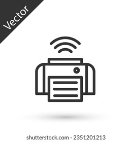 Grey line Smart printer system icon isolated on white background. Internet of things concept with wireless connection.  Vector