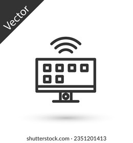 Grey line Smart Tv system icon isolated on white background. Television sign. Internet of things concept with wireless connection.  Vector