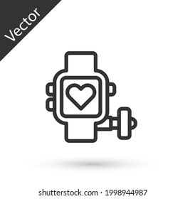 Grey line Smart watch showing heart beat rate icon isolated on white background. Fitness App concept. Vector