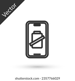Grey line Smartphone battery charge icon isolated on white background. Phone with a low battery charge. Vector