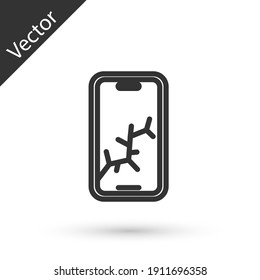 Grey line Smartphone with broken screen icon isolated on white background. Shattered phone screen icon. Vector.