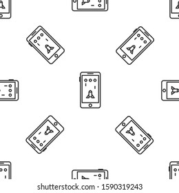 Grey line Smartphone and playing in game icon isolated seamless pattern on white background. Mobile gaming concept.  Vector Illustration