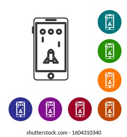 Grey line Smartphone and playing in game icon isolated on white background. Mobile gaming concept. Set icons in color circle buttons. Vector Illustration