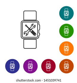 Grey line Smartwatch with screwdriver and wrench icon isolated on white background. Adjusting, service, setting, maintenance, repair, fixing. Set icon in color circle buttons. Vector Illustration