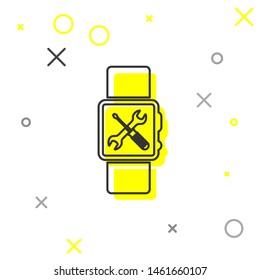 Grey line Smartwatch with screwdriver and wrench icon isolated on white background. Adjusting, service, setting, maintenance, repair, fixing.  Vector Illustration