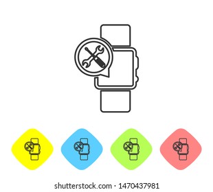 Grey line Smartwatch with screwdriver and wrench icon isolated on white background. Adjusting, service, setting, maintenance, repair, fixing. Set icon in color rhombus buttons. Vector Illustration