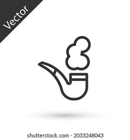 Grey line Smoking pipe with smoke icon isolated on white background. Tobacco pipe.  Vector