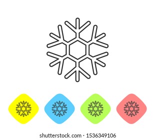 Grey line Snowflake icon isolated on white background. Set icons in color rhombus buttons. Vector Illustration
