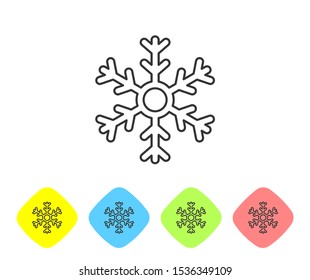 Grey line Snowflake icon isolated on white background. Set icons in color rhombus buttons. Vector Illustration