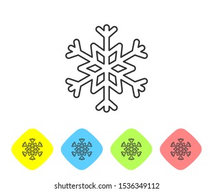Grey line Snowflake icon isolated on white background. Set icons in color rhombus buttons. Vector Illustration