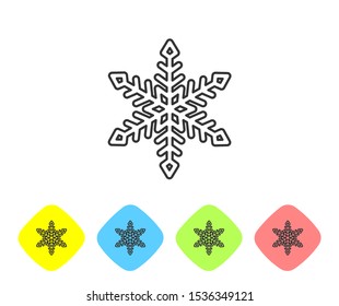 Grey line Snowflake icon isolated on white background. Set icons in color rhombus buttons. Vector Illustration