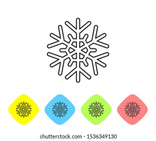 Grey line Snowflake icon isolated on white background. Set icons in color rhombus buttons. Vector Illustration