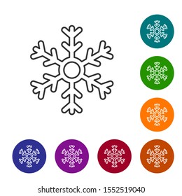 Grey line Snowflake icon isolated on white background. Set icons in color circle buttons. Vector Illustration