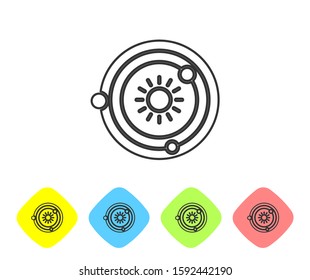 Grey line Solar system icon isolated on white background. The planets revolve around the star. Set icons in color rhombus buttons. Vector Illustration