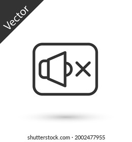 Icono silenciado del altavoz de línea gris aislado en fondo blanco. No hay ningún icono de sonido. Símbolo de volumen desactivado.  Vector