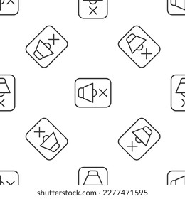 Grey line Speaker mute icon isolated seamless pattern on white background. No sound icon. Volume Off symbol.  Vector