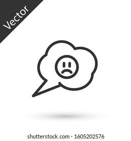 Grey line Speech bubble with sad smile icon isolated on white background. Emoticon face.  Vector Illustration