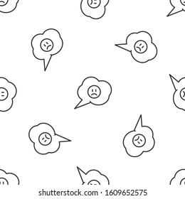 Grey line Speech bubble with sad smile icon isolated seamless pattern on white background. Emoticon face.  Vector Illustration