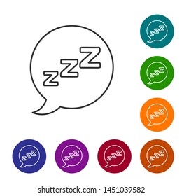 Grey line Speech bubble with snoring icon isolated on white background. Concept of sleeping, insomnia, alarm clock app, deep sleep, awakening. Set icon in color circle buttons. Vector Illustration