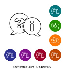 Grey line Speech bubbles with Question and Exclamation icon isolated on white background. FAQ sign. Copy files, chat speech bubble and chart. Set icon in color circle buttons. Vector Illustration