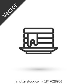 Grey line Stack of pancakes with honey icon isolated on white background. Breakfast concept. Vector