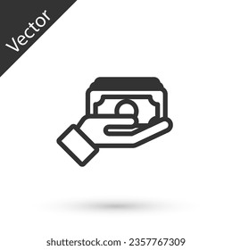 Grey line Stacks paper money cash in hand icon isolated on white background. Insurance concept. Money banknotes stacks. Bill currency.  Vector