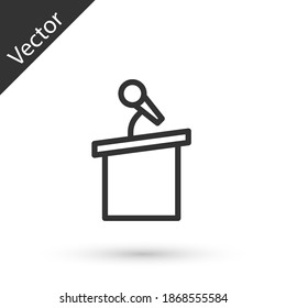 Grey line Stage stand or debate podium rostrum icon isolated on white background. Conference speech tribune. Vector.