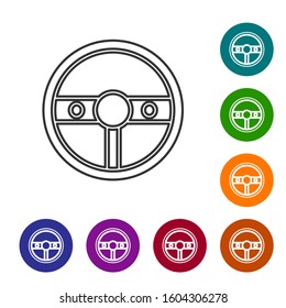 Grey line Steering wheel icon isolated on white background. Car wheel icon. Set icons in color circle buttons. Vector Illustration