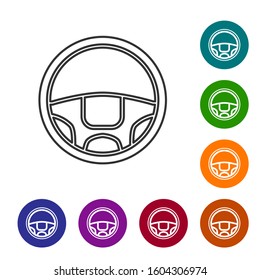 Grey line Steering wheel icon isolated on white background. Car wheel icon. Set icons in color circle buttons. Vector Illustration