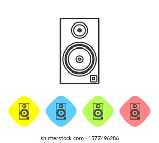 Grey line Stereo speaker icon isolated on white background. Sound system speakers. Music icon. Musical column speaker bass equipment. Set icons in color rhombus buttons. Vector Illustration