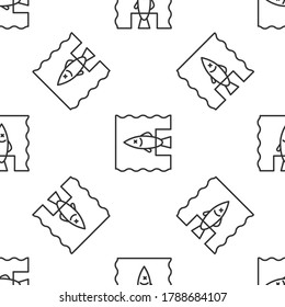 Grey line Stop ocean plastic pollution icon isolated seamless pattern on white background. Environment protection concept. Fish say no to plastic.  Vector Illustration