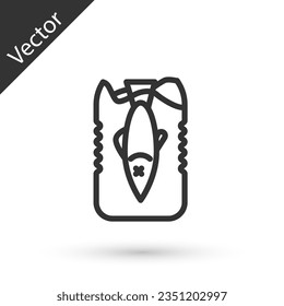 Línea gris Detener el icono de contaminación de plástico del océano aislado en fondo blanco. Concepto de protección del medio ambiente. Los peces dicen no al plástico.  Ilustración vectorial