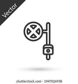 Grey line Stop sign with camera icon isolated on white background. Traffic regulatory warning stop symbol. Vector