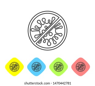 Grey line Stop virus, bacteria, germs and microbe icon isolated on white background. Antibacterial and antiviral defence, protection infection. Set icon in color rhombus buttons. Vector Illustration