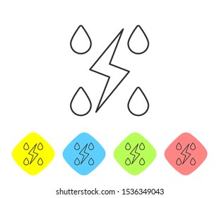 Grey line Storm icon isolated on white background. Drop and lightning sign. Weather icon of storm. Set icons in color rhombus buttons. Vector Illustration